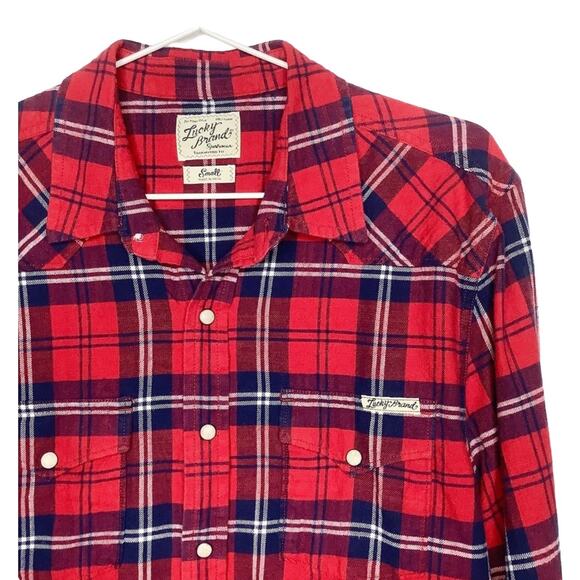 Lucky Brand Distinctive Western Red & Navy Plaid Button Down Shirt Unisex Smalld - Picture 2 of 5
